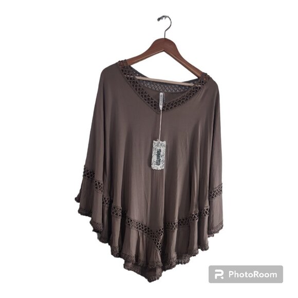 NWT Monoreno Mushroom Brown Crochet Fringe Poncho Top Size L - Picture 1 of 8